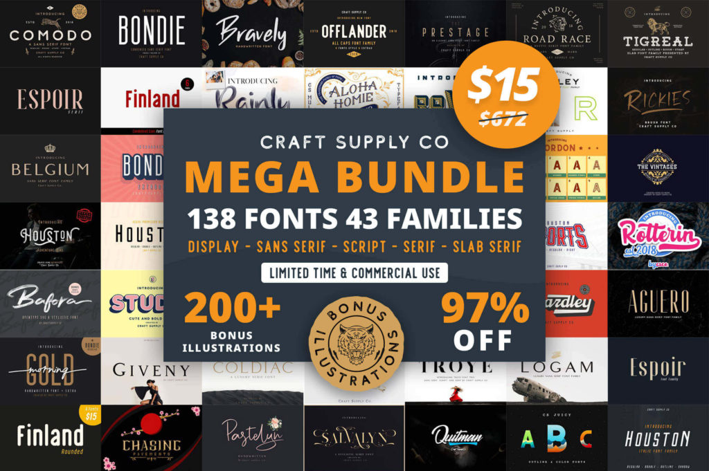 Mega Bundle of 130+ Fonts & 200+ Graphic Templates