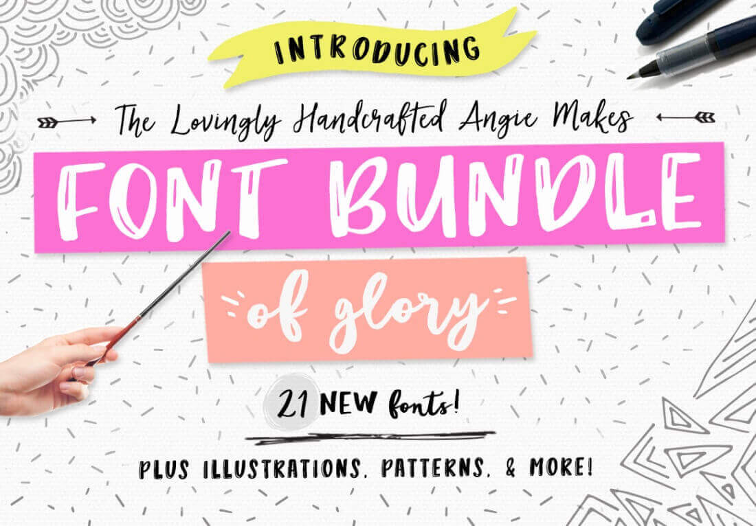 Glorious Font Bundle: 21 Fonts, 60 Patterns, 200 Doodles